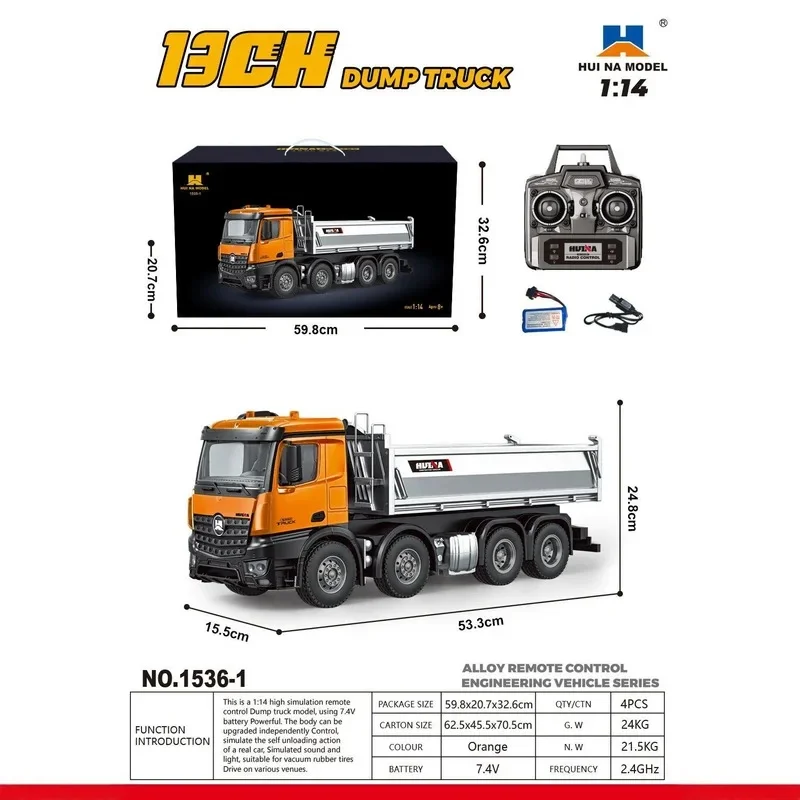 Huina 536pro 13-Channel 1:14 Alloy Rc Full-Scale 8-Wheel Heavy-Duty Engineering Dump Truck Remote Control Toy With Lights Rc Car
