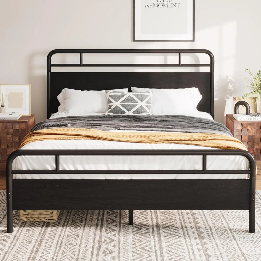 allewie queen size platform bed frame with wooden headboard and footboard, heavy duty 13 metal slats support, under-bed storage,