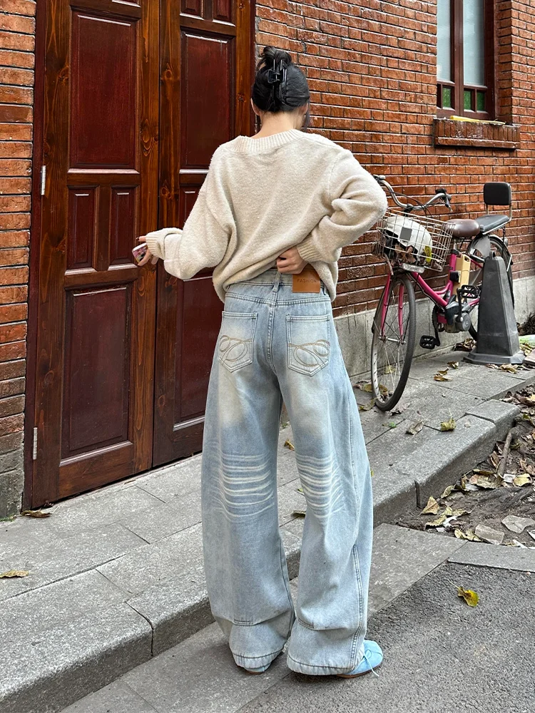 

Retro American Large Size Women's Jeans Distressed Casual Loose Slimming Autumn Winter High Waist Wide Leg Pants