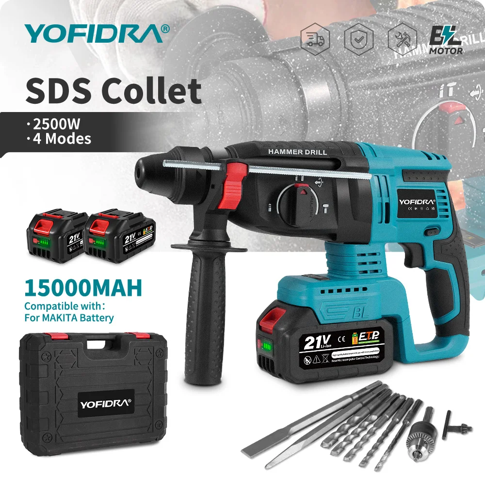 YOFIDRA 26MM Bürstenloser Elektrohammer Bohrhammer Akku-Rotations-Schlagbohrer Multifunktionales Hammerwerkzeug für Makita 21V Akku