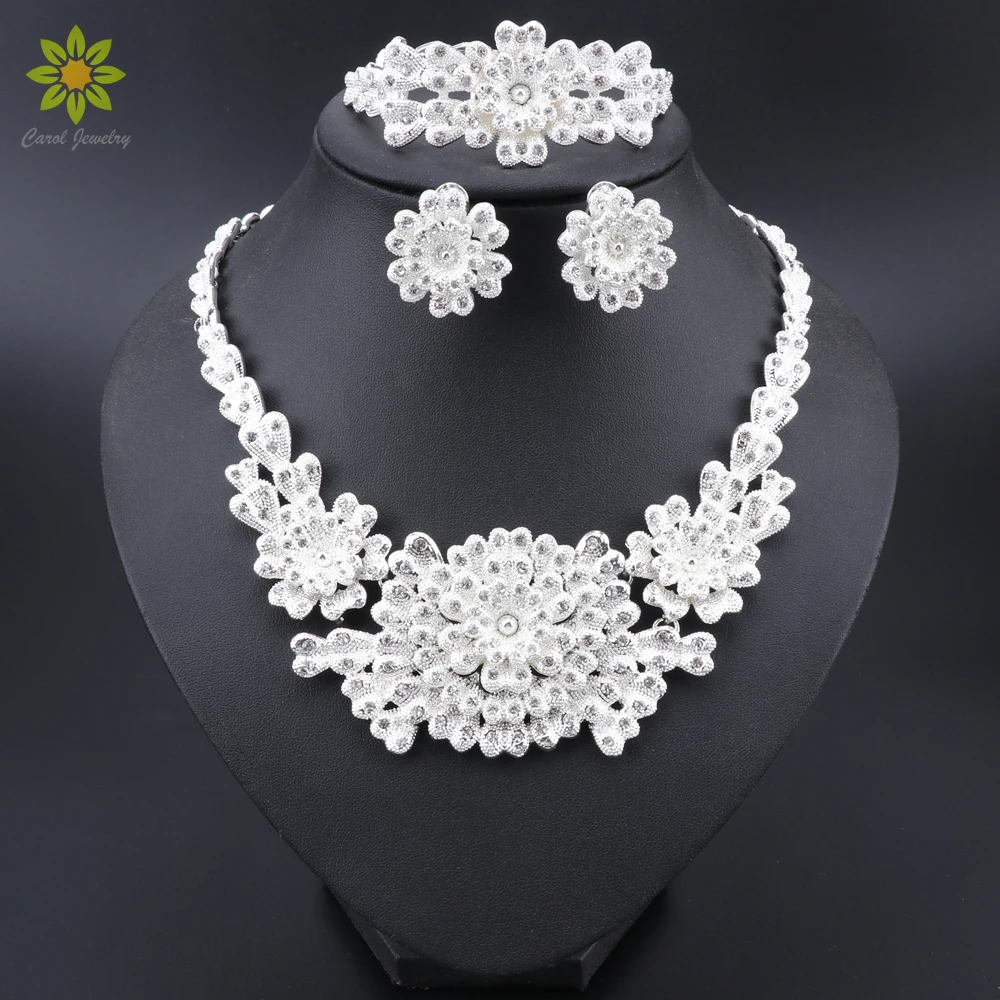 

Nigeria Classic Jewelry Sets Elegant Bride Wedding Flower Shape Silver Plated Necklace Earrings for Dubai Women Jewelry