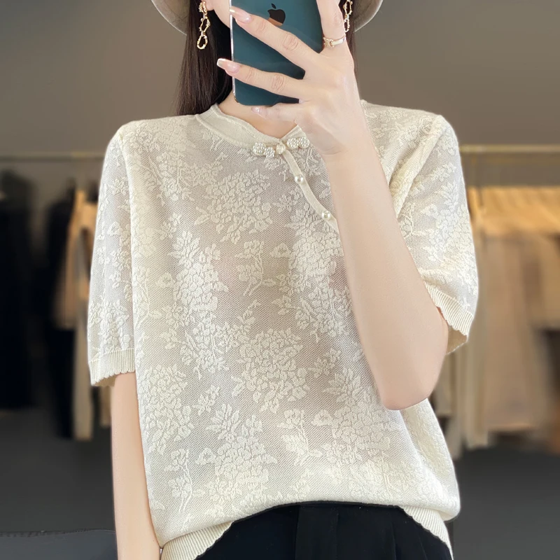 Summer 2024 New 100% Worn Wool Knitted Thin Short Sleeve High End Women\'s Top High Street Korean Fashion Sexy T-shirt