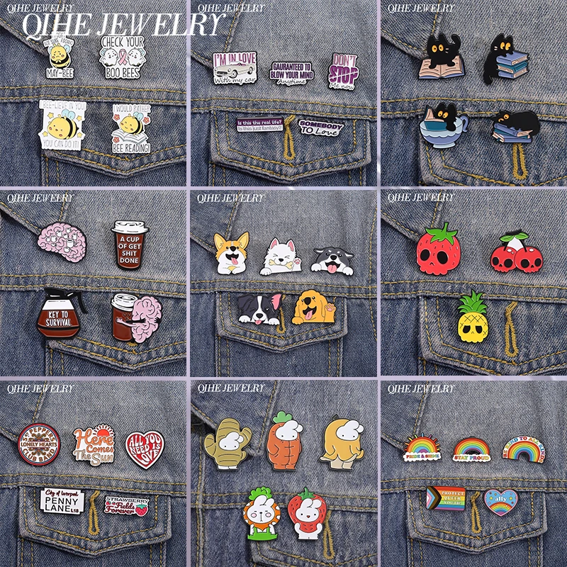 2-10pcs/set Cartoon Pet Dog Strawberry Rabbit Enamel Pins Coffee Rock Music Brooches Lapel Badge Funny Jewelry Gifts for Friends