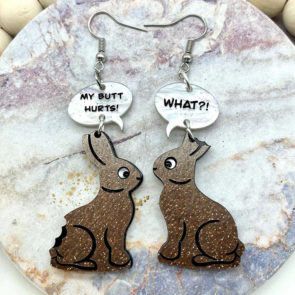 Cute Cartoon Acrylic Talking Bunny Easter Earrings for Women Chocolate Color Letters Broken-tailed Rabbit Drop Earring Jewelry