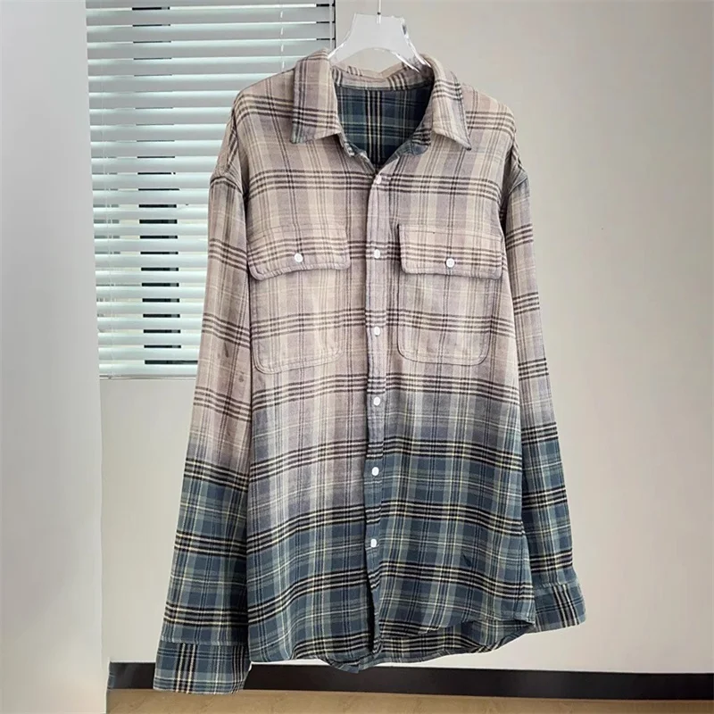 قميص نسائي 2025 صيف جديد متدرج بياقة ضيقة وأكمام طويلة بلوزة نسائية منقوشة من القطن الخالص عالي الجودة معطف رقيق