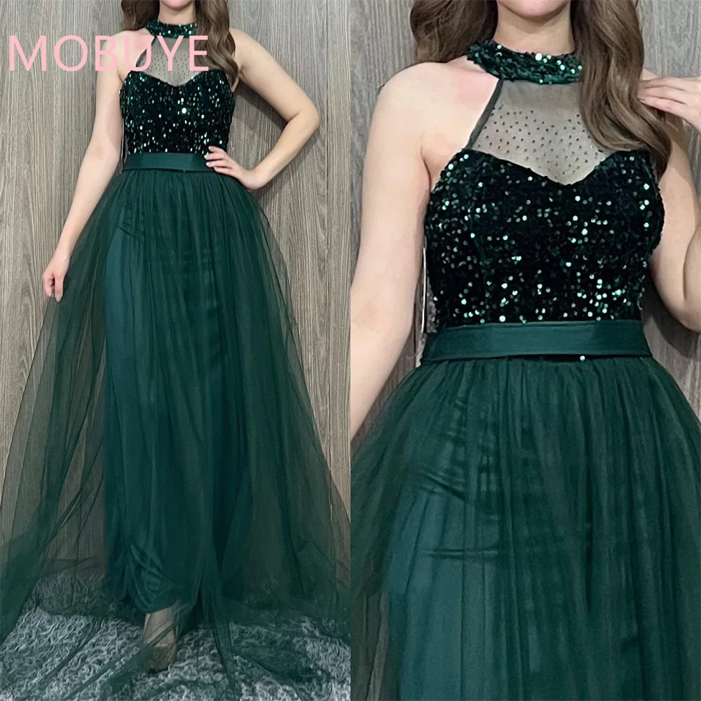 Mobuye 2024 Populaire Halter Halter Galajurk Enkellange Jurk Met Mouwloze Avondmode Elegante Feestjurk Voor Dames