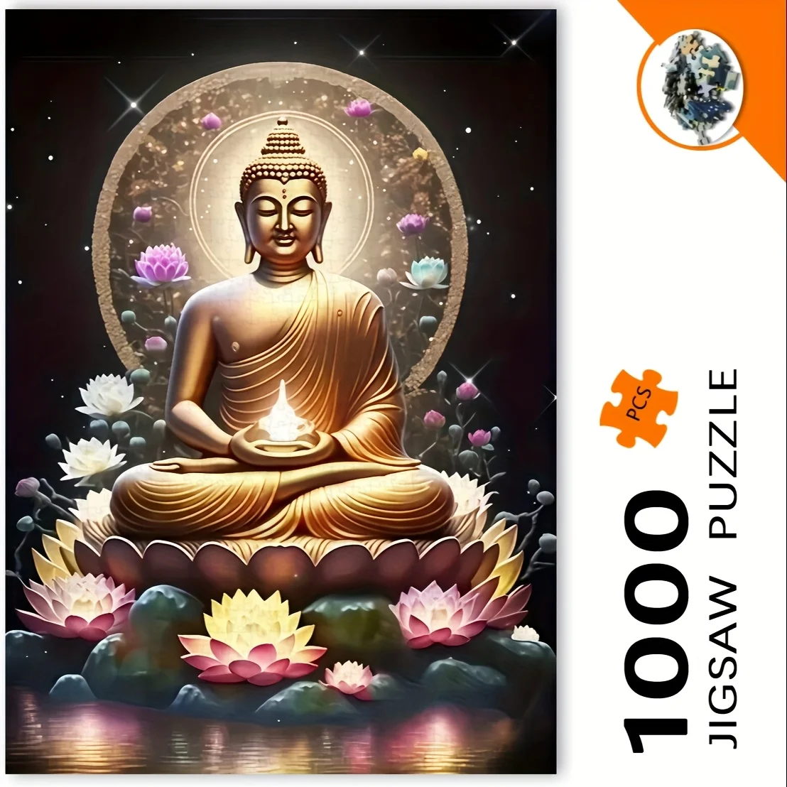 1000 Stück Buddha-Meditations-Puzzle – weißes rechteckiges Design mit lebendigem Lotusblumen und Sternenhimmel, tragbar