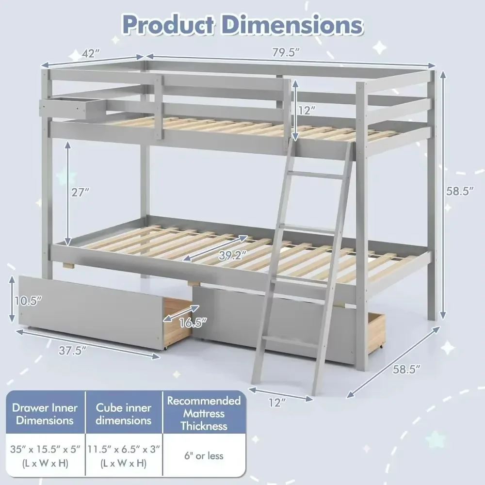 Bunk Bed Twin Over Twin with 2 Storage Drawers, Ladder, No Box Spring Needed, Twin Bunk Beds Children's Bed Bases & Frames