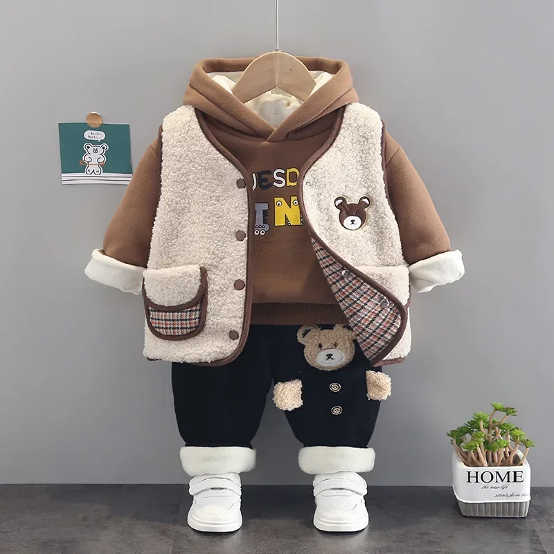 Boys\' and girls\' cartoon bear suit Children\'s hooded sweater three piece vest with plush thickened thermal sportswear