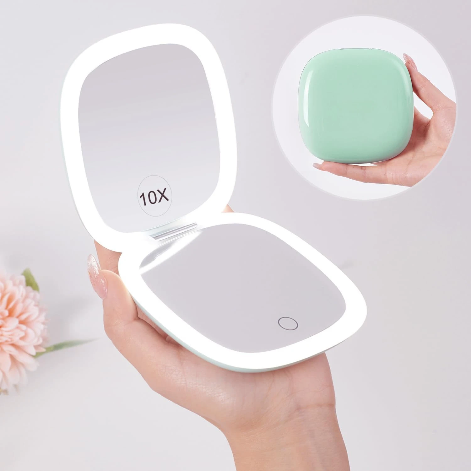 Compact LED Magnifying Travel Makeup Mirror 1X/10X Small Hand Pocket Dimmable 2-Sided USB Rechargeable Touch Screen Portable