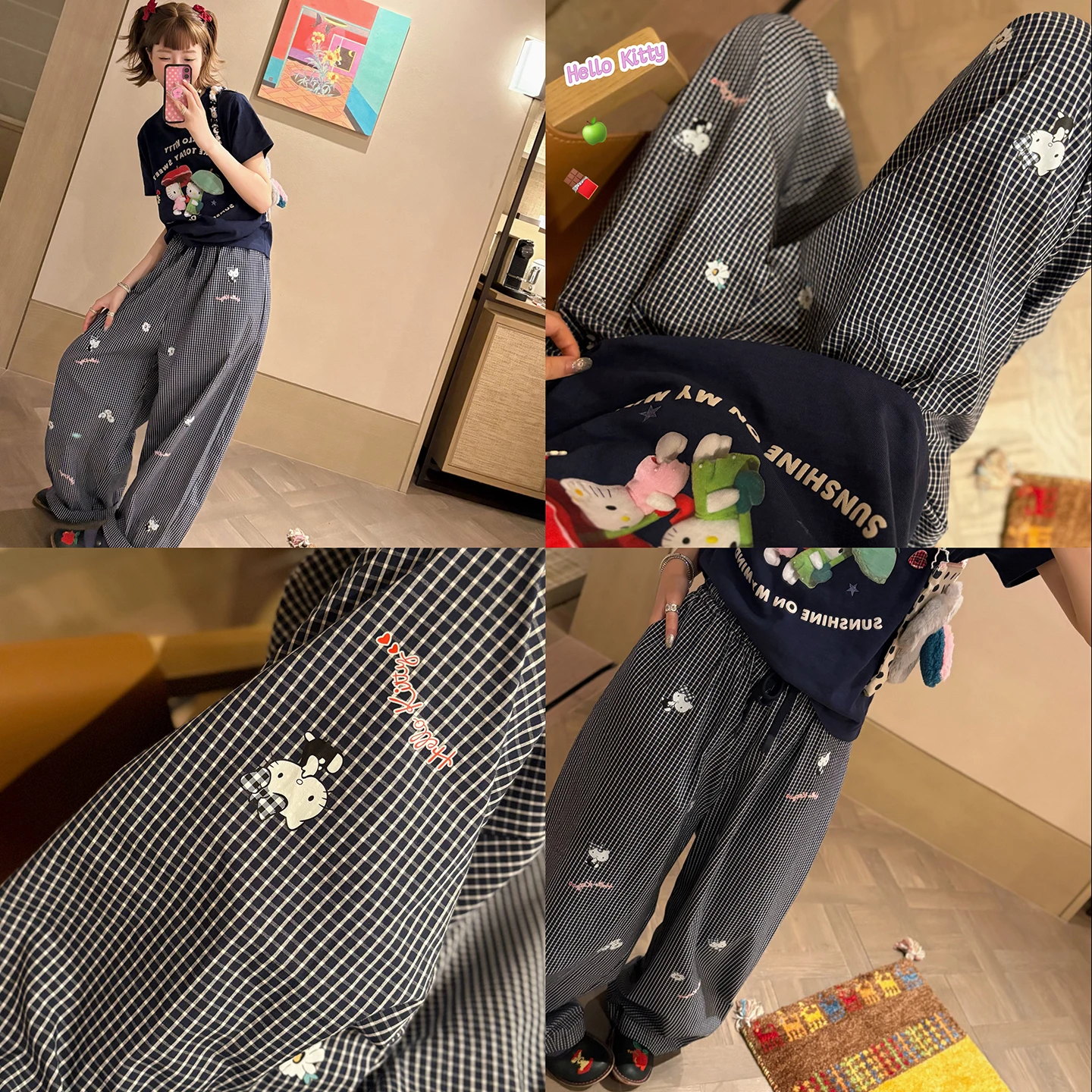 

VIMAS Cool Girl Cartoon Daisy Print Lightweight Cotton Work Pants Straight Leg l Waist Elastic Closure Simple Sle