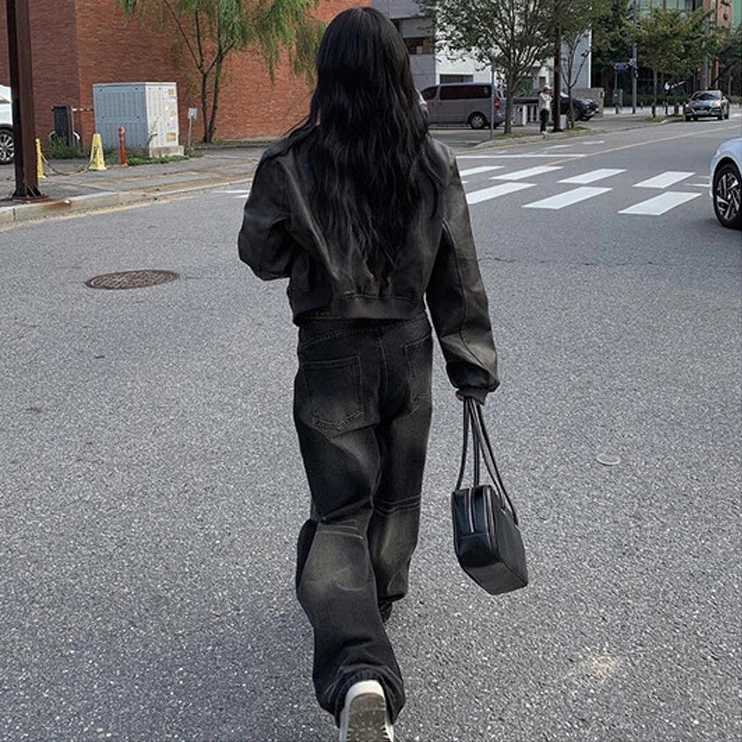 Vintage BF Sle Motorrad Jaet Loose Fit Reißverschlusskragen PU-Leder Ort Mantel für Damen Herbst 2024 Long Sve Other Mate...