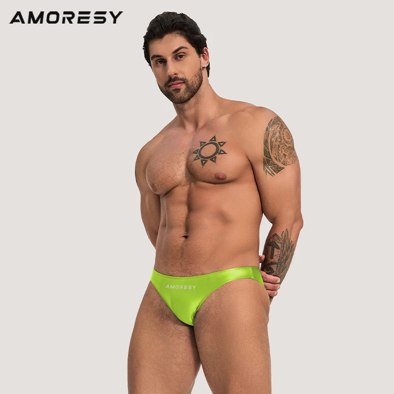 AMORESY-Ultra Low Waisted Swimming Trunks for Men, Smooth Briefs, Silk Briefs, Sexy Sports Beach Pants, Odorless, Monochromatic