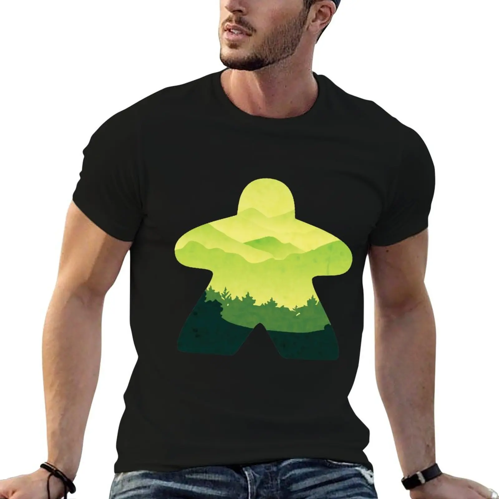 Green Hillside Scape Meeple Board Game Adventure Scene T-Shirt man t shirt plain t shirt for men