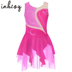 Vestido de patinaje artístico para niños y niñas, sin mangas, diamantes de imitación brillantes, patinaje sobre hielo, baile de Ballet, leotardo de gimnasia, ropa de baile de salón