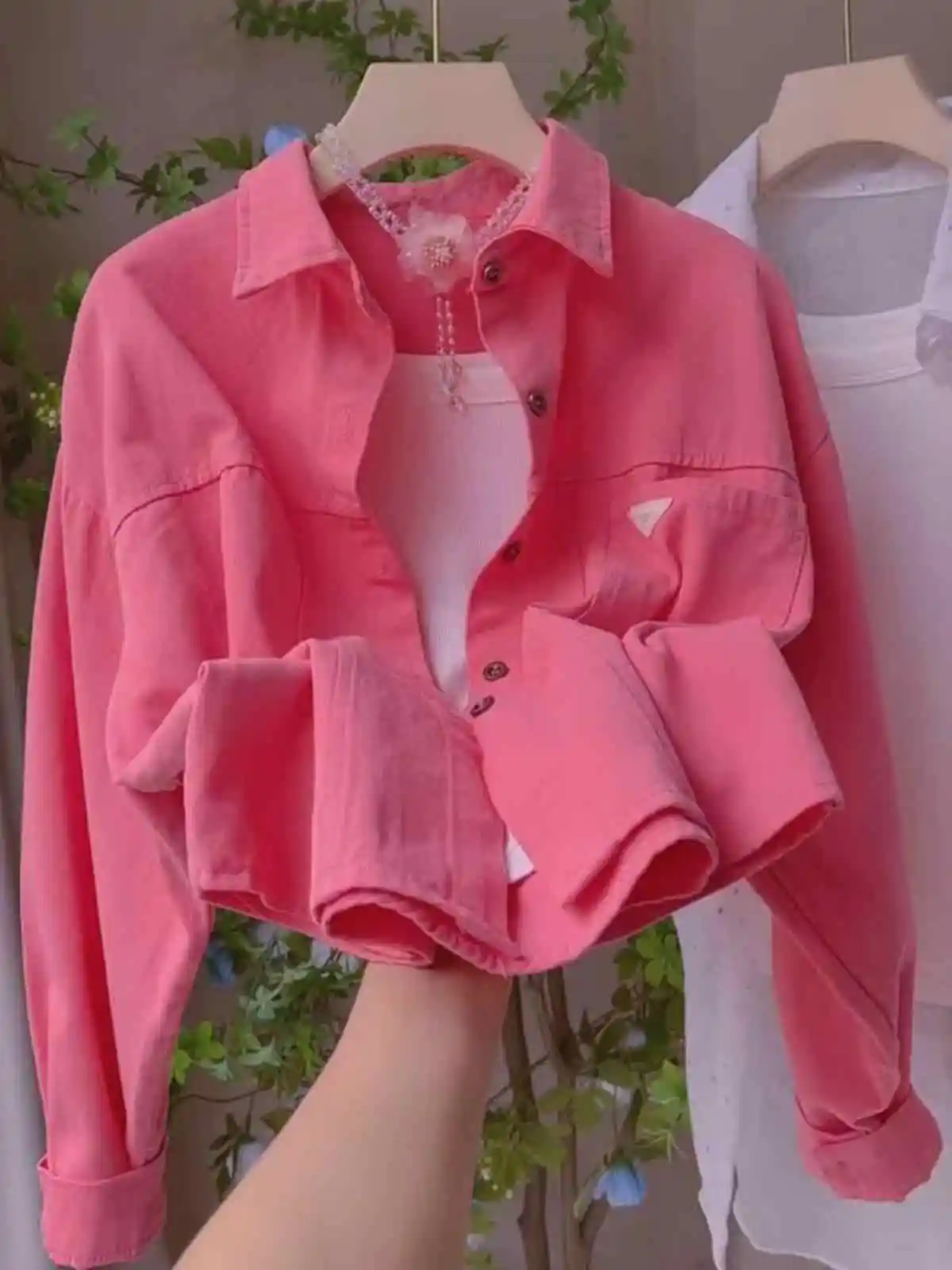 

Sweet Pink Collar ort irt Women's Casual Spring Autumn Korean Sle Loose Fit Top ort Coat Commute Faion
