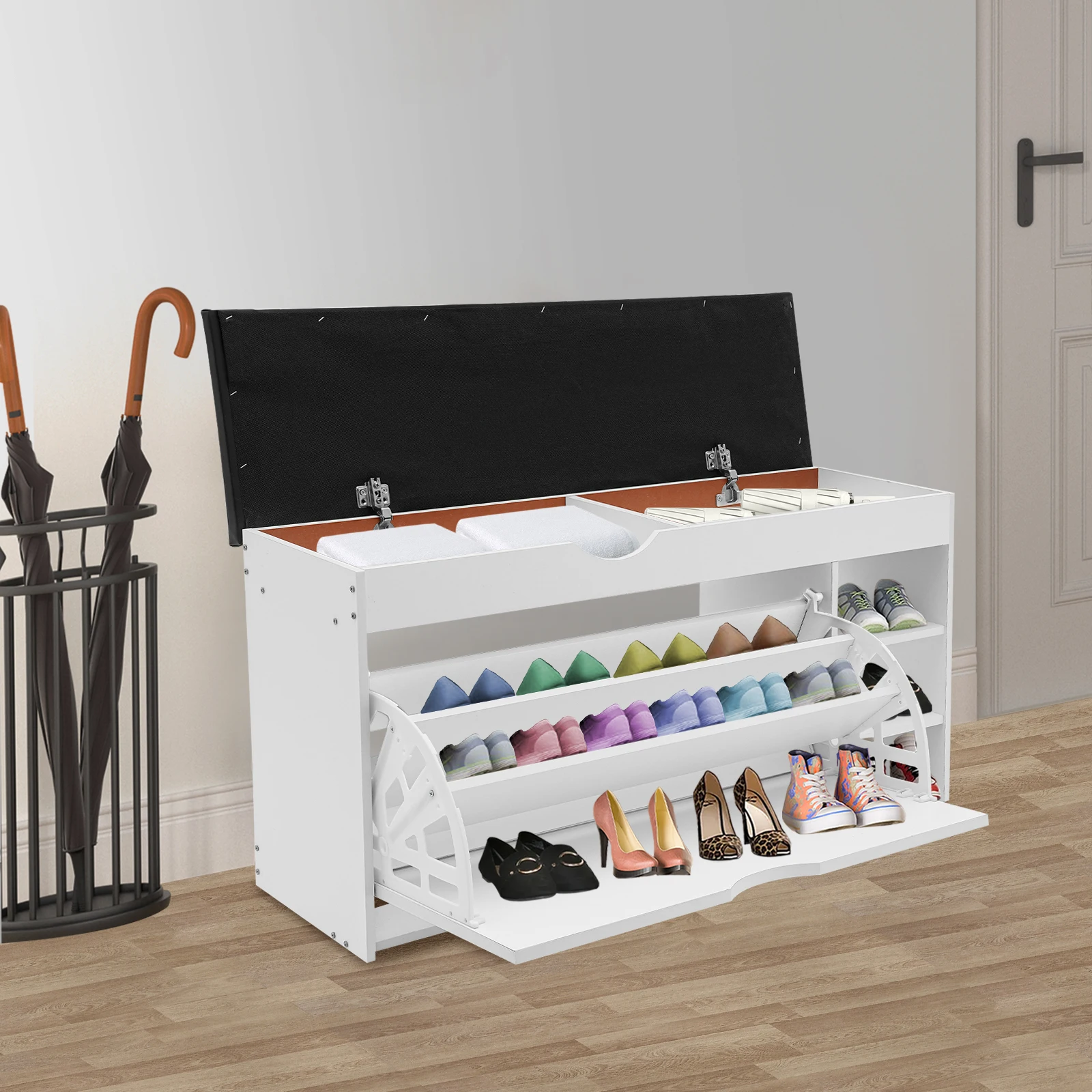 

Shoe Bench for Entrance - Warm White Shoe Storage Bench with Seat, 3-Tier Folding 264.55lbs Load 100x30x51cm, Hidden Drawer