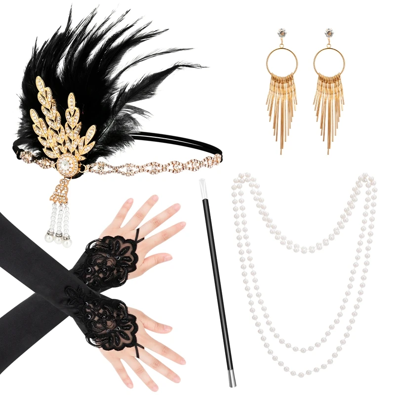 1920s Theme Set with Sequin Fringe Dress Headband Gloves Necklace Role Playing Suit Vintage Flapper Headpieces Party Cosplay