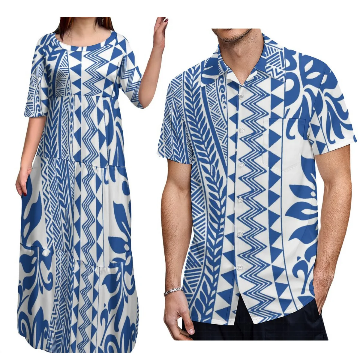 2023 Women'S Half-Sleeve Maxi Polynesian Tribal Print Maxi Dress And Men'S Shirt Couple Suit Support Design