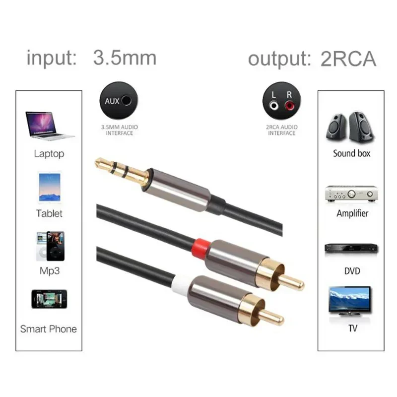 Aux DVD RCA Male Headphone 3.5mm Jack Amplifier Splitter Audio Cable 3.5 To 2RCA RCA Cable