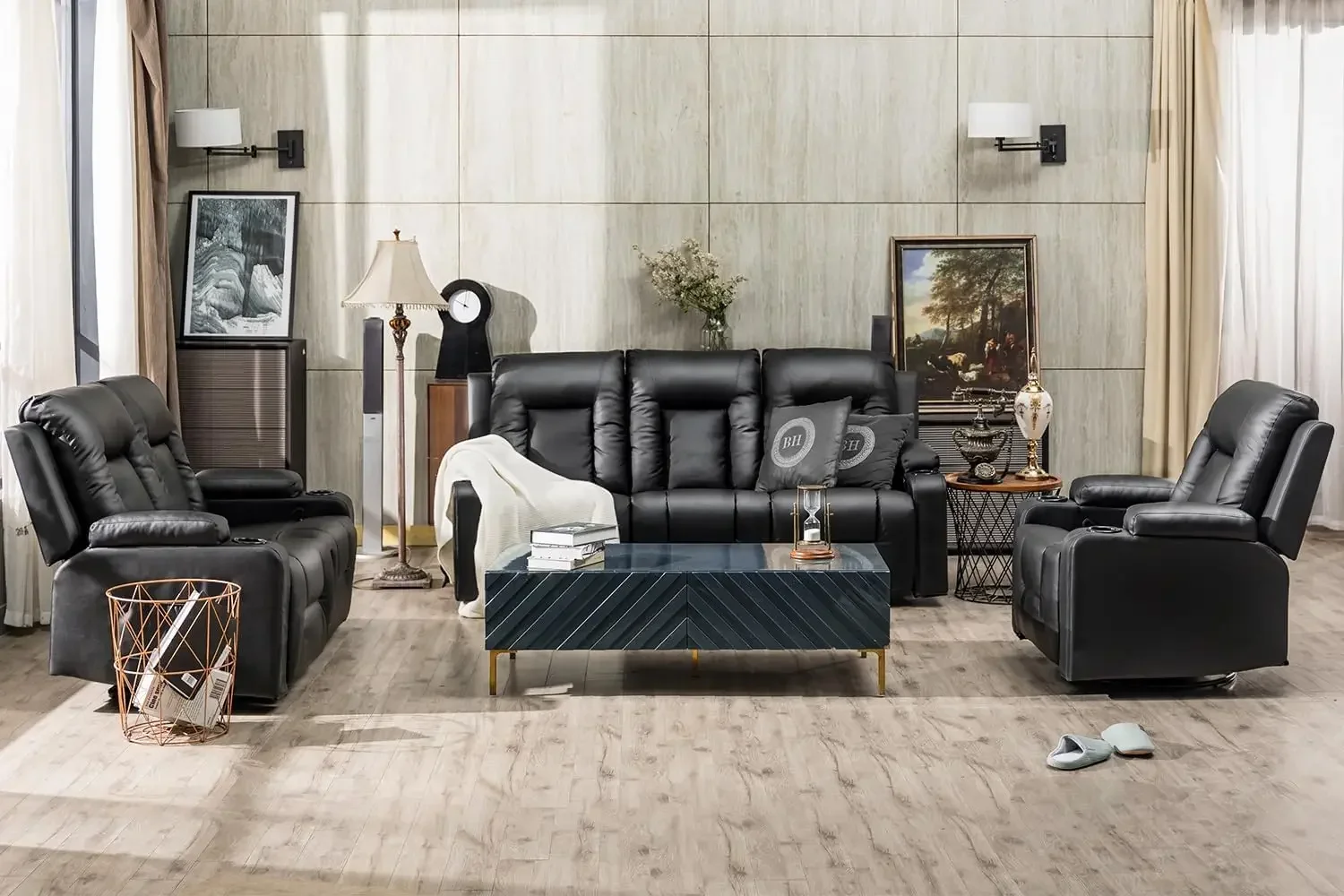 Recliner Chair Set, Leather Recliner Living Room Furniture Sets, Recliner Sofa Loveseat (Black,Living Room Set 3+2+1)