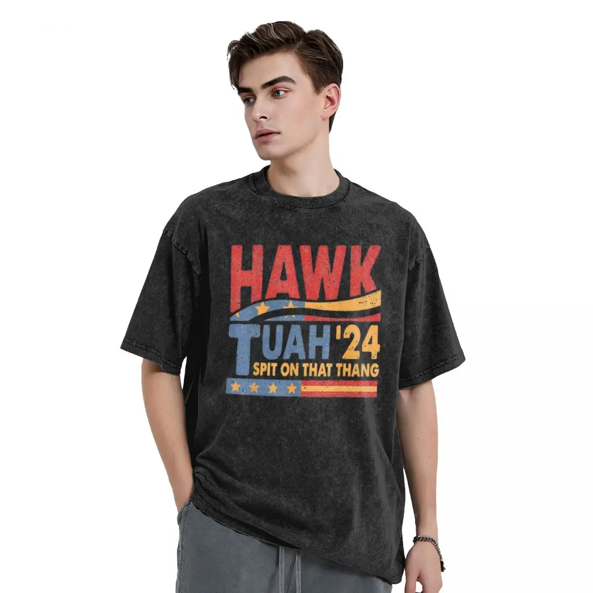 Washed T Shirt Hawk Tuah 24 Spit On That Thang Hip Hop T-Shirts Oversize Funny Meme Streetwear Cotton Tops Tees for Men Women