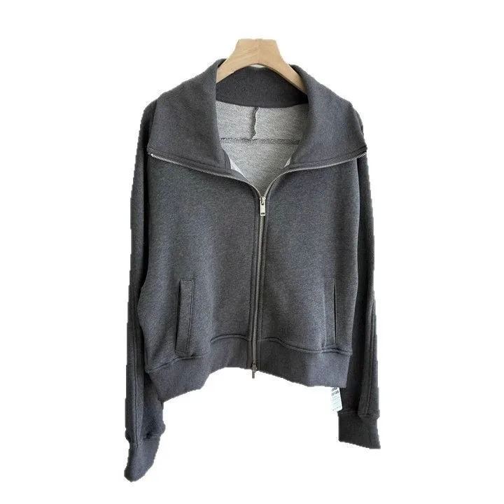 슬리밍 짧은 루즈핏 지퍼넥 디자인 여성 자켓 더블 지퍼 캐주얼 스타일 면 소재 봄 시즌 아우터