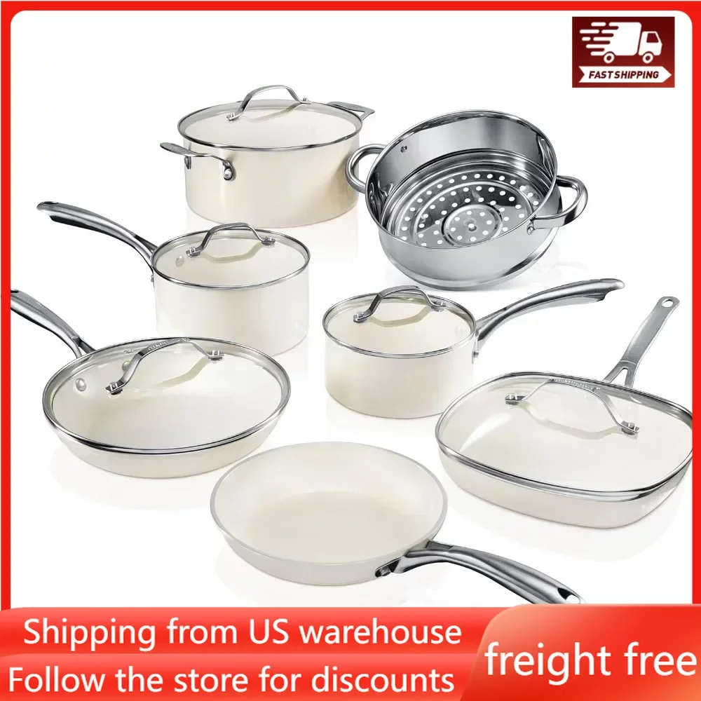 

12 Pc Ceramic Pots and Pans Set Non Stick, Kitchen Cookware, Non Toxic Cookware Set, Dishwasher Safe, Cream White, free shipping