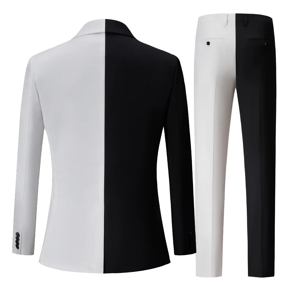 Men Black White Suits Stylish Solid Slim Tuxedo Blazers Pants 2 Pieces Set Evening Party Prom Singer Host Stage Performance Suit