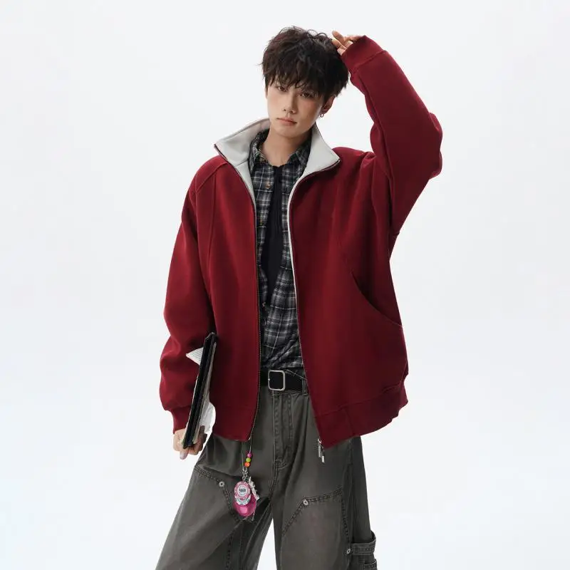 Men's Double Zip Up Hoodie Contrast Raglan Sleeve Sweatshirt Oversized Streetwear Casual Jacket Top 2026 Clothing for Males
