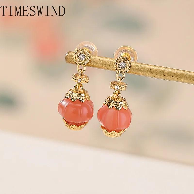 

TIMESWIND Original Agate Red Lantern Pendant S925 Coin Zircon Blessing Women Earrings Fashion Jewelry with Certificate