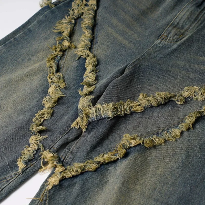 High Street American Washed Distressed Spliced Cat Whisker Jeans for Both Men and Women, Loose Wide Leg Straight Leg Long Pants - Image 5