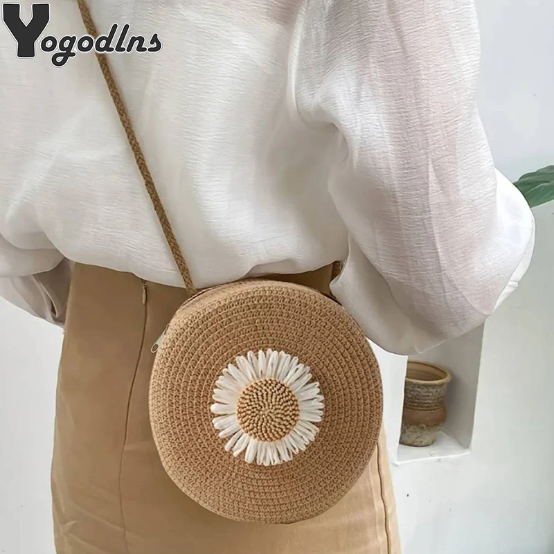 Round Crossbody Shoulder Bag Women Woven Beach Bag for Ladies Rattan Handmade Knitted Small Straw Purse and Handbag bolsa