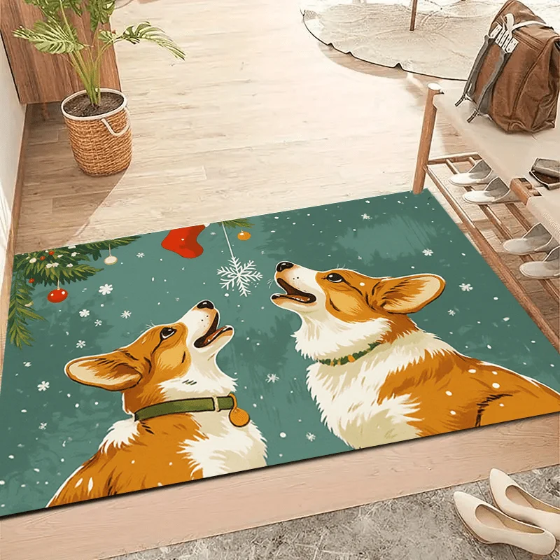 1pc Two Corgis Watching Snowflake Christmas Welcome Doormat, Soft Absorbent Non‑Slip Washable Quick‑Dry Floor Mat for Entryway