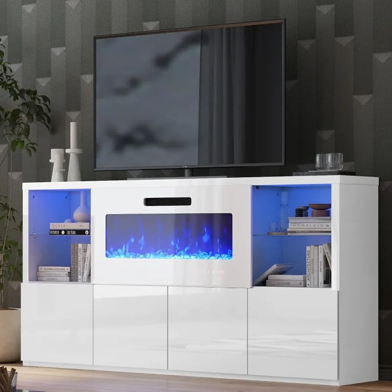 Fireplace TV Stand  Modern Gloss Fireplace Entertainment Center with LED Lights TV Console with Glass Shelves for Living Room