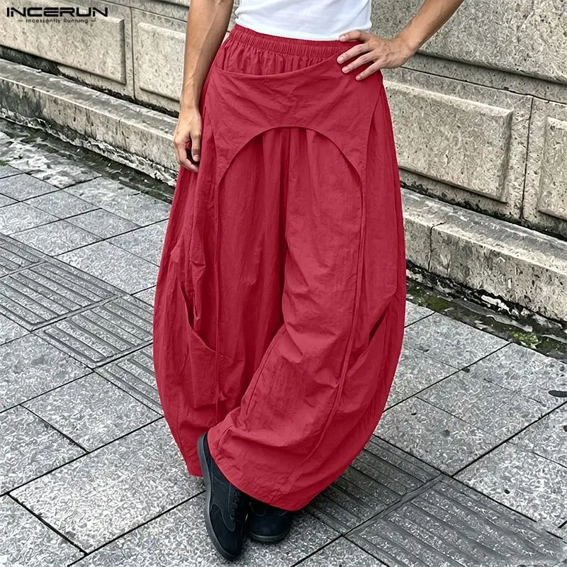 INCERUN Herren Unregelmäßige Hosen Einfarbig Elastischer Bund Jogginghosen Weite Beine Streetwear 2026 Mode Freizeithosen