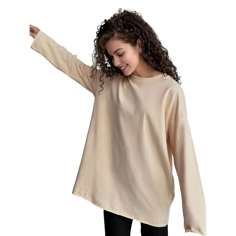 

CYL-Womens Oversized Crewneck Long Sleeve T Shirts Basic Fall Tops Casual Workout Y2K Clothes Apricot L
