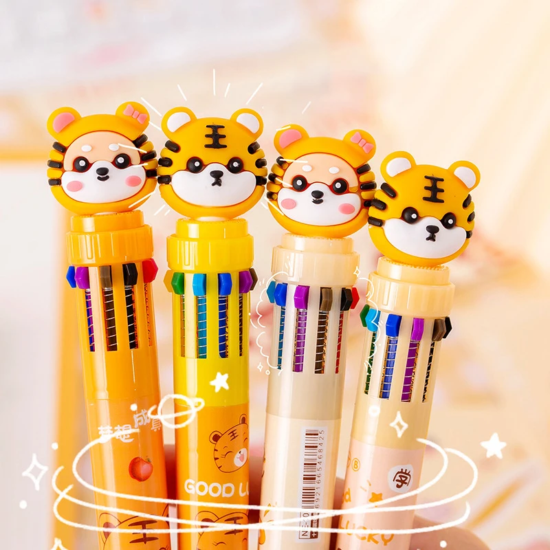 10 Colors Ballpoint Pen Kawaii Tiger Colorful Ink Gel Pens Silicone Press Pens Kids Gifts Toy Korean Stationery School Office