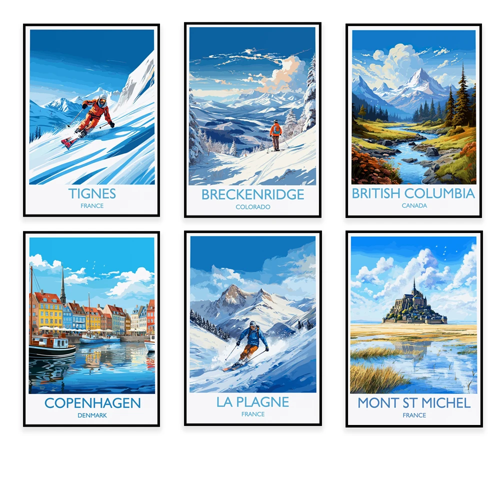 La Plagne skiing, Mont Saint Michel, British Columbia, Dartmouth, Goa, India, Breckenridge, Land's End, Padstow travel poster
