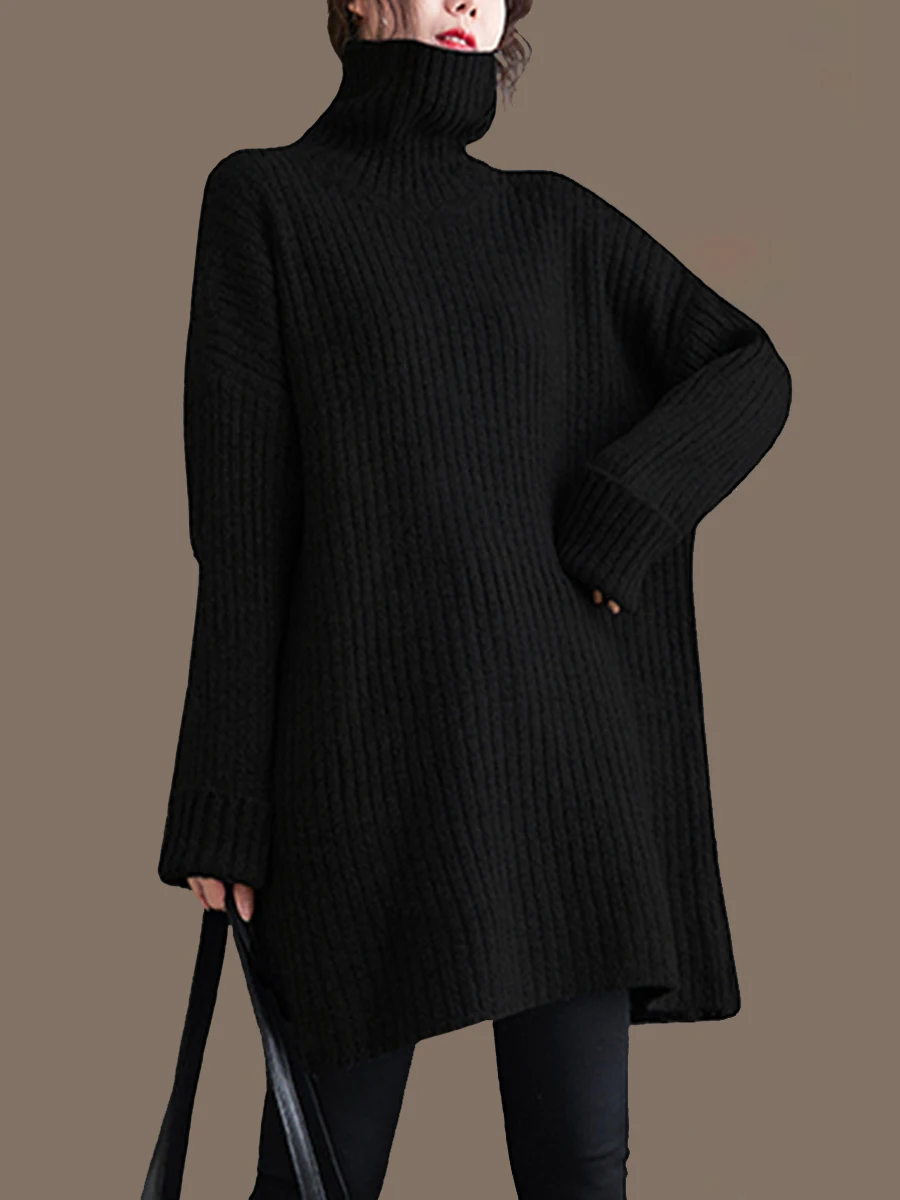 

Осенне-зимний женский новый вязаный кашемировый свитер, длинный свободный толстый теплый черный свитер с высоким воротником больших размеров.