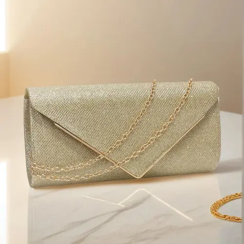 Bolsos de fiesta con purpurina para mujer, sobre con cubierta de Color dorado, bolsos de mano de noche elegantes e informales con cadena para el hombro
