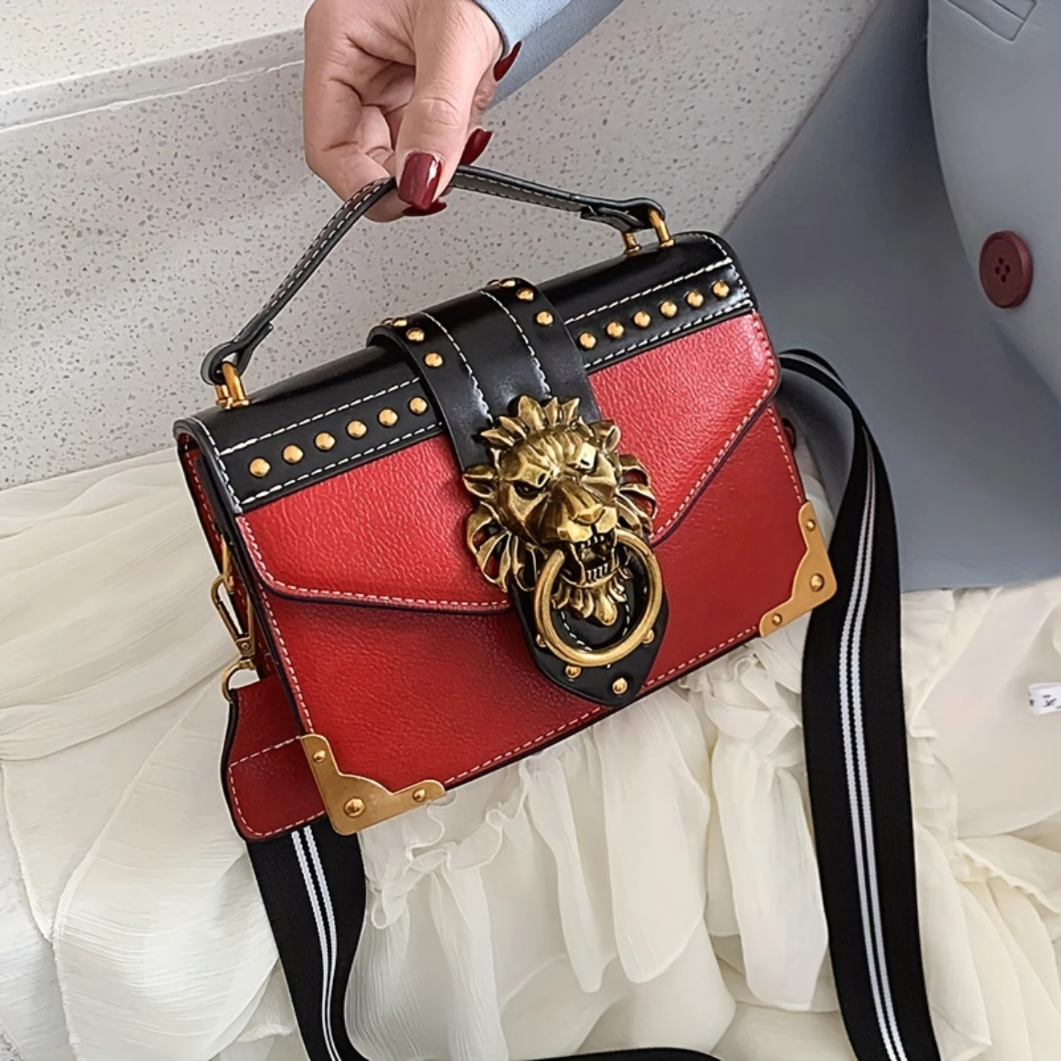 

Decor Square Crossbody Bag, PU Leather Textured Bag Purse, Versatile Fashion Shoulder Bag