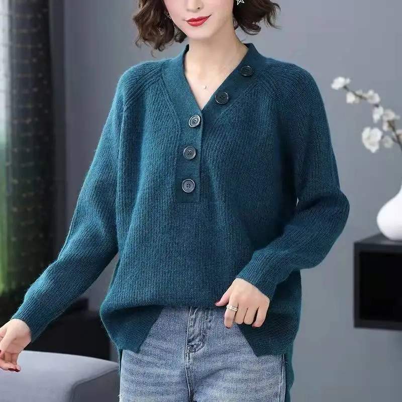 Elegant Female Autumn Winter Clothing Loose Knitting Sweater For Women Long Sleeve Top Casual V Neck Pullover Shirt M-3XL