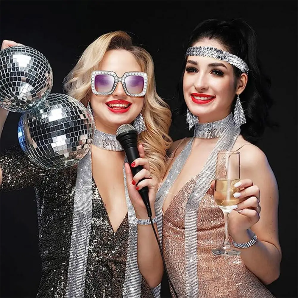 5 Pcs/Set Women Jewelry Set Sequin Rhinestone Decor Vintage Disco Party Cosplay Earrings Sunglasses Bracelet Headband Scarf Set