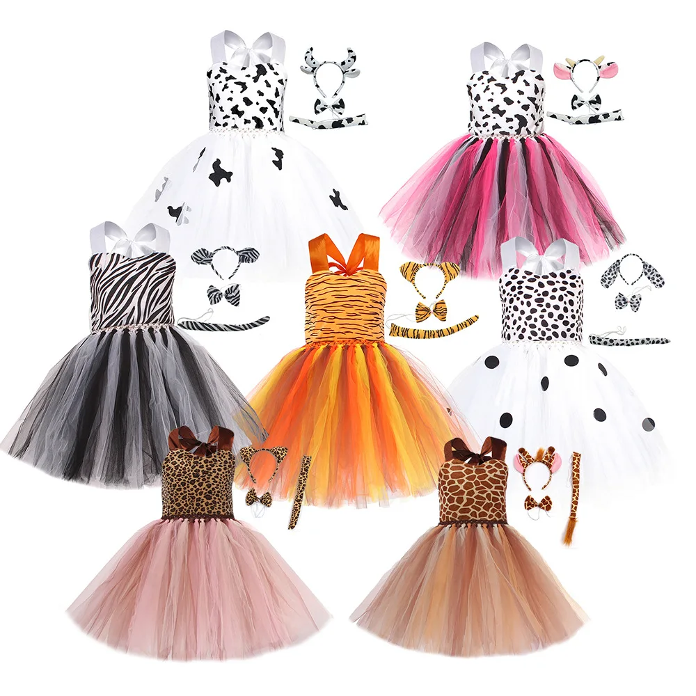 Halloween Printed Animal Tutu Dress Cow Tiger Motif Tulle Ensemble Pattern Skirt Set Seasonal Festive Moment Casual Holiday Wear