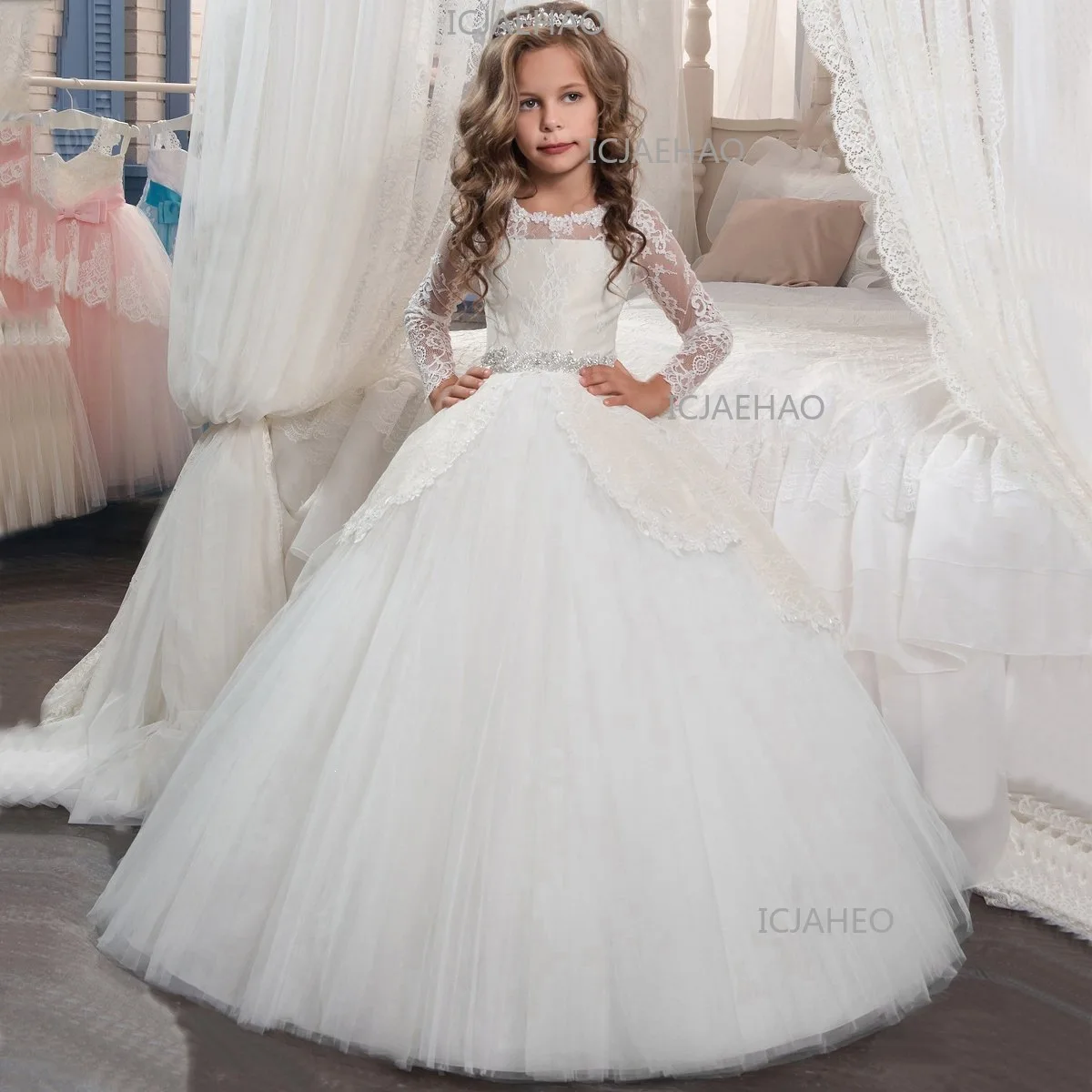 

Kids Wedding Dress Girls Long Sleeve Autumn Winter Lace Performance Princess Puffy Long Skirt Children Clothing Party Dresses