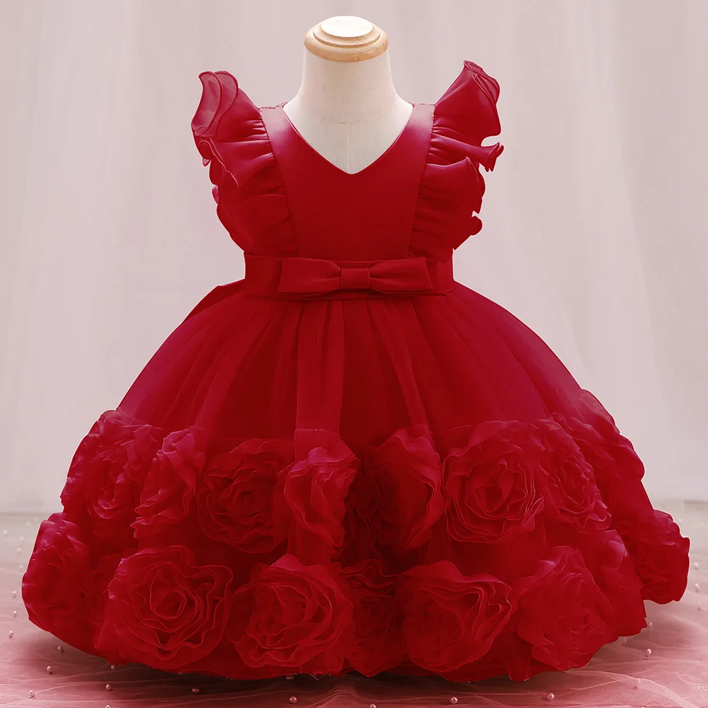 HETISO Girls Elegant Dresses Flower Kids Wedding Puffy Gown Ruffle Sleeve Birthday Party Prom 2 4 6 8 Years