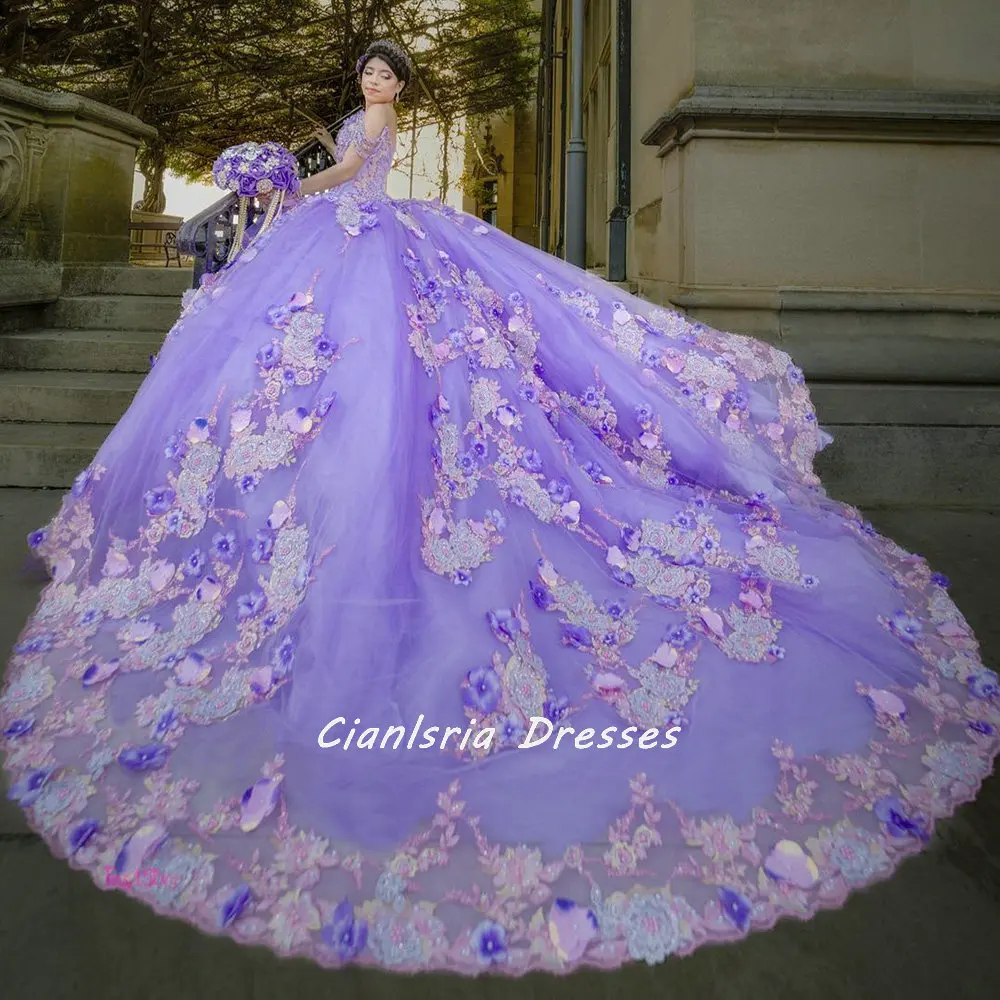 Lila 3D Blumen Perlen Perlen Quinceanera Kleid Ballkleid Weg Von Der Schulter Appliques Spitze Korsett Süße 16 Vestidos De XV años