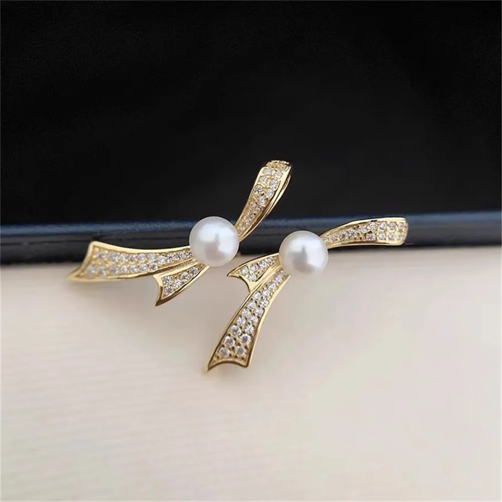 DIY Pearl Accessories 18K Gold-coated Copper-plated Real Gold Bow Sterling Silver Ear Needle Tide Earrings Female