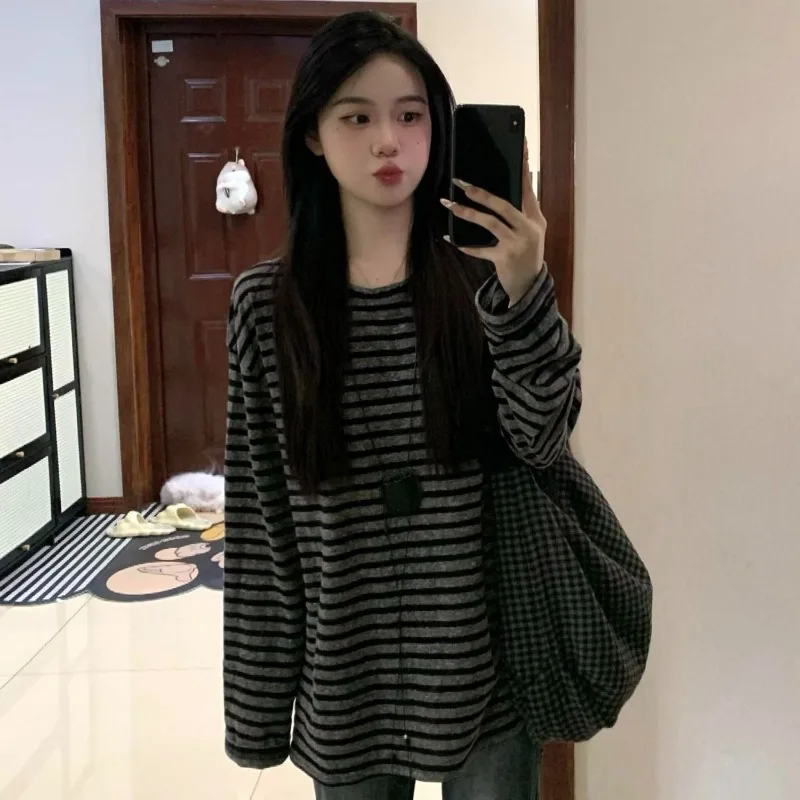 T-shirts Women Long Sleeve Retro Autumn Casual Loose Feminine Striped All-match Korean Style O-neck Comfortable New Arrival Chic